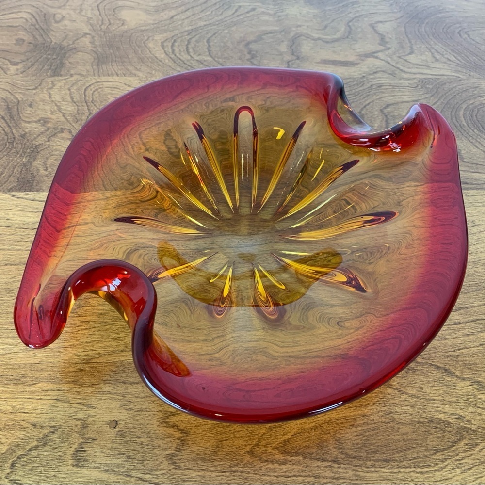 Amberina Art Glass Decorative Bowl Red Yellow Murano Style Clear Bottom Vtg MCM